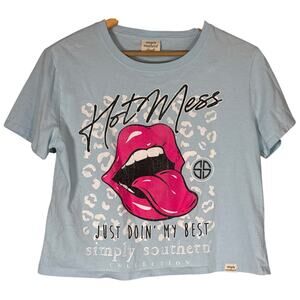 Simply Southern Hot Mess Lips Tongue Cropped Tee Womens Small Baby Blue Pink